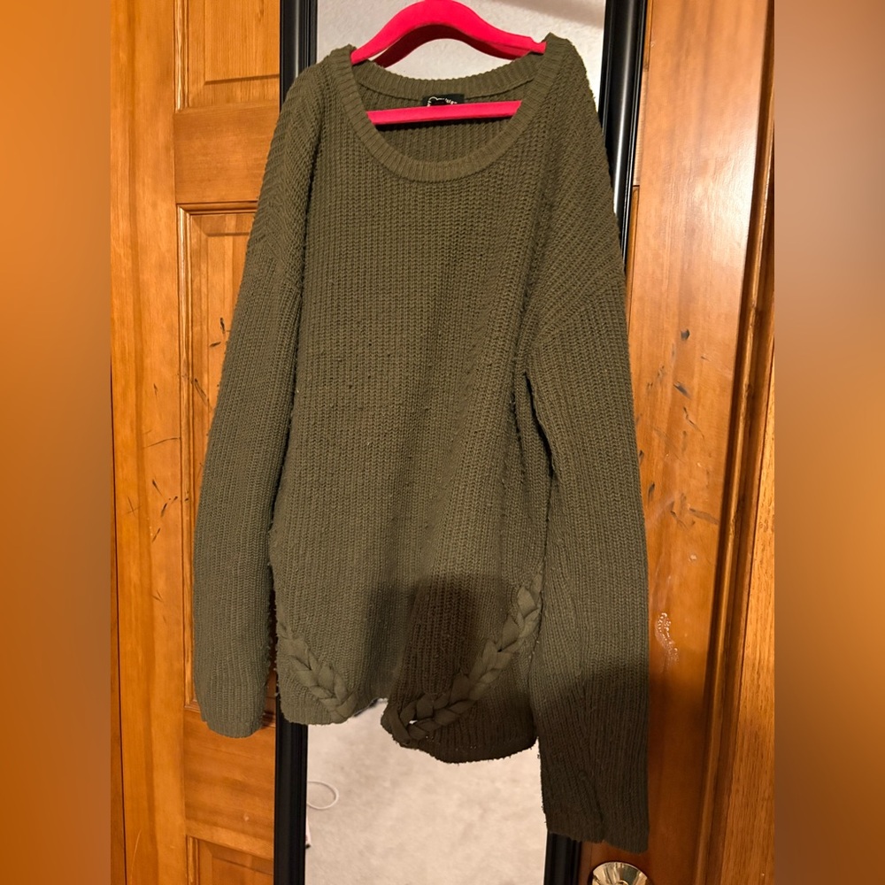 Olive Green Knit Sweater with Braided Detail